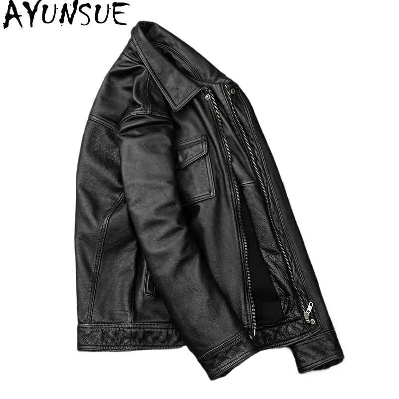 AYUNSUE Men Lapel Vintage Stone Washed Distressed Biker Jacket Genuine Top Layer Cowhide Real Leather Jacket Casual Coat abrigos