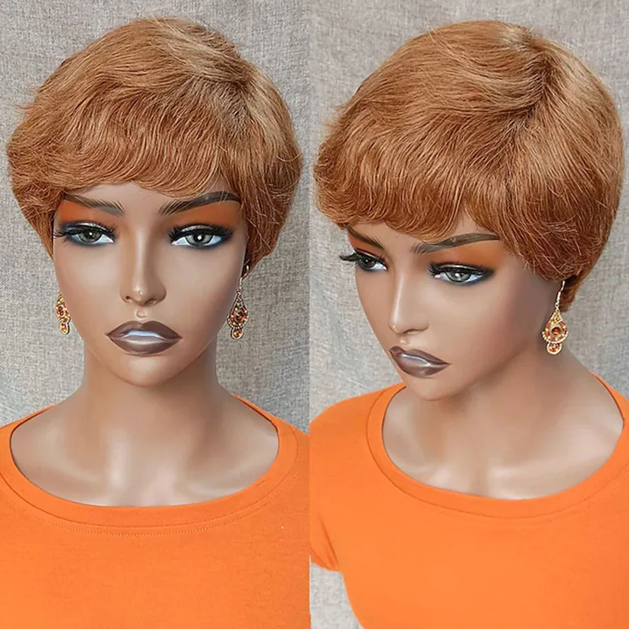 

100% synthetic Hair Wig Natural Straight Pixie Cut Capless Wig For Women Full Machine Made Wig Medium Auburn Costume Wig 4 INCH