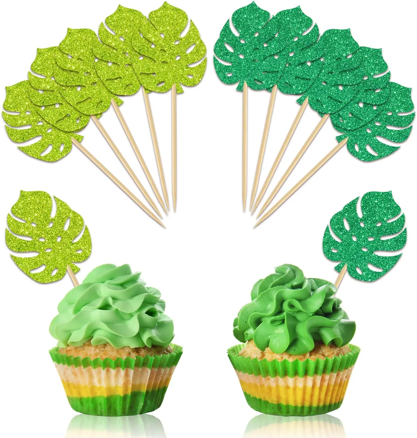 48Pcs Glitter Tropical Leaves Cupcake Topper Green Palm Leaves Cupcake Picks Happy Turtle Leaves Food Picks with Sticks Glue Poi