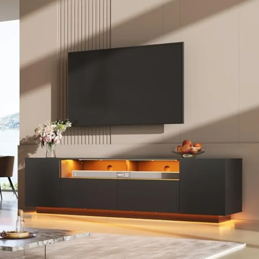 Modern living room TV stand with large storage cabinet, MDF wood in matte black, supports 55-75 inch TVs, sturdy design with ca