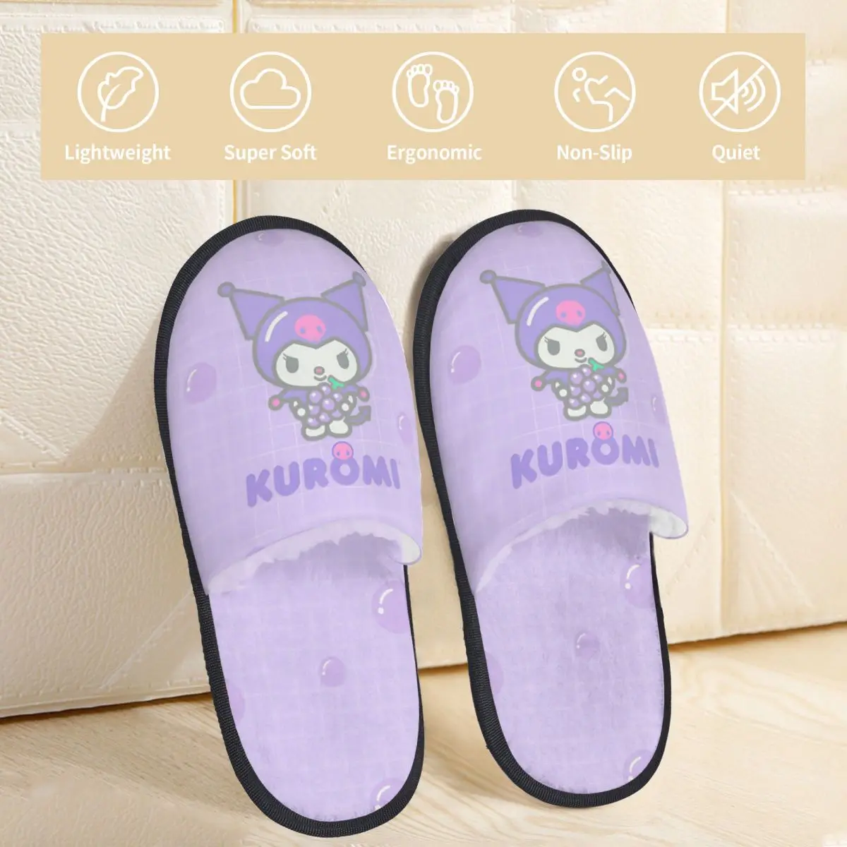 Kuromi Fun Sanrio Winter Cotton Plush Slippers Living Room Cozy Household Fur Slides Slippers Non-skid