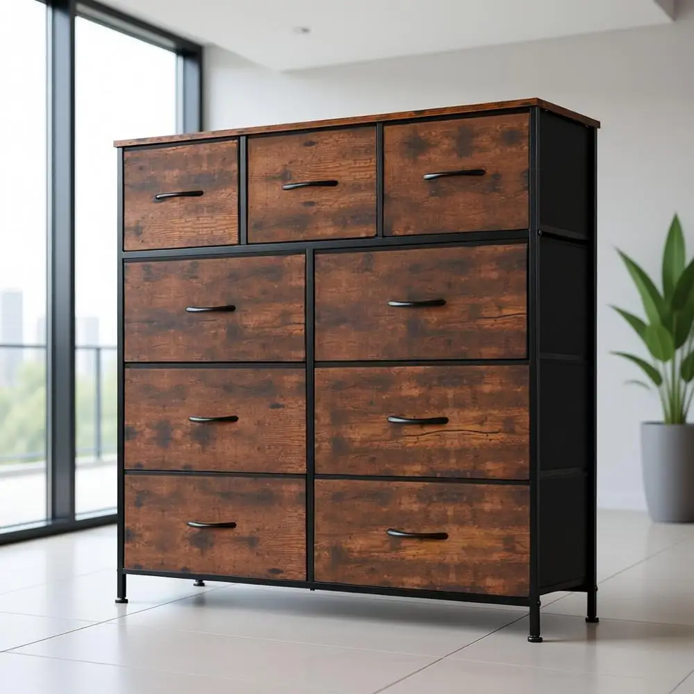 

9-Drawer Bedroom Storage Organizer with Fabric Bins, Sturdy Metal Frame, Suitable for Living Room, Closet, Entryway, Brown
