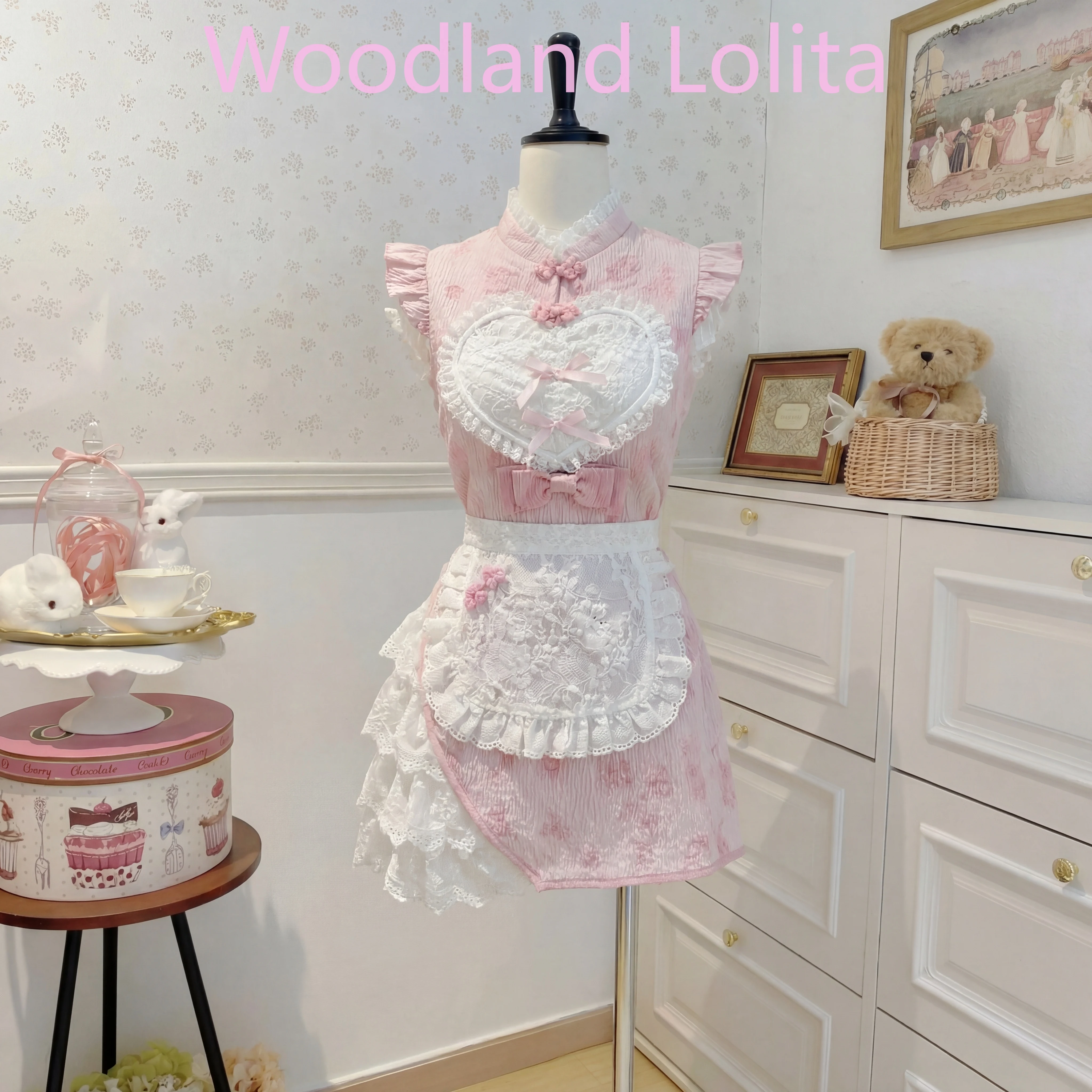 

2026 Summer Vintage Kawaii Sweet Dress Women Lace Bow Lolita Mini Dress Female Pink Apron Chic Print Mini Patchwork Slim Dress