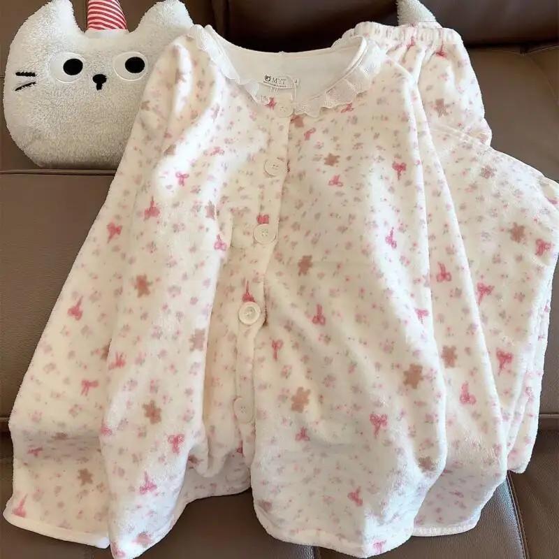 

round neck Women's pajamas cardigan thicken flannel Comfortable Sleepwear long sleeves pants Pajama coral fleece homewear suit
