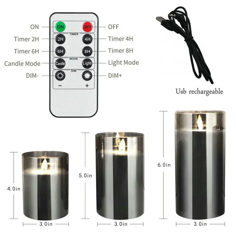 USB Rechargeable LED Flameless Pillar Candle set Flickering Moving Wick Paraffin Real Wax Remote controlled w/Timer-Grey Glass