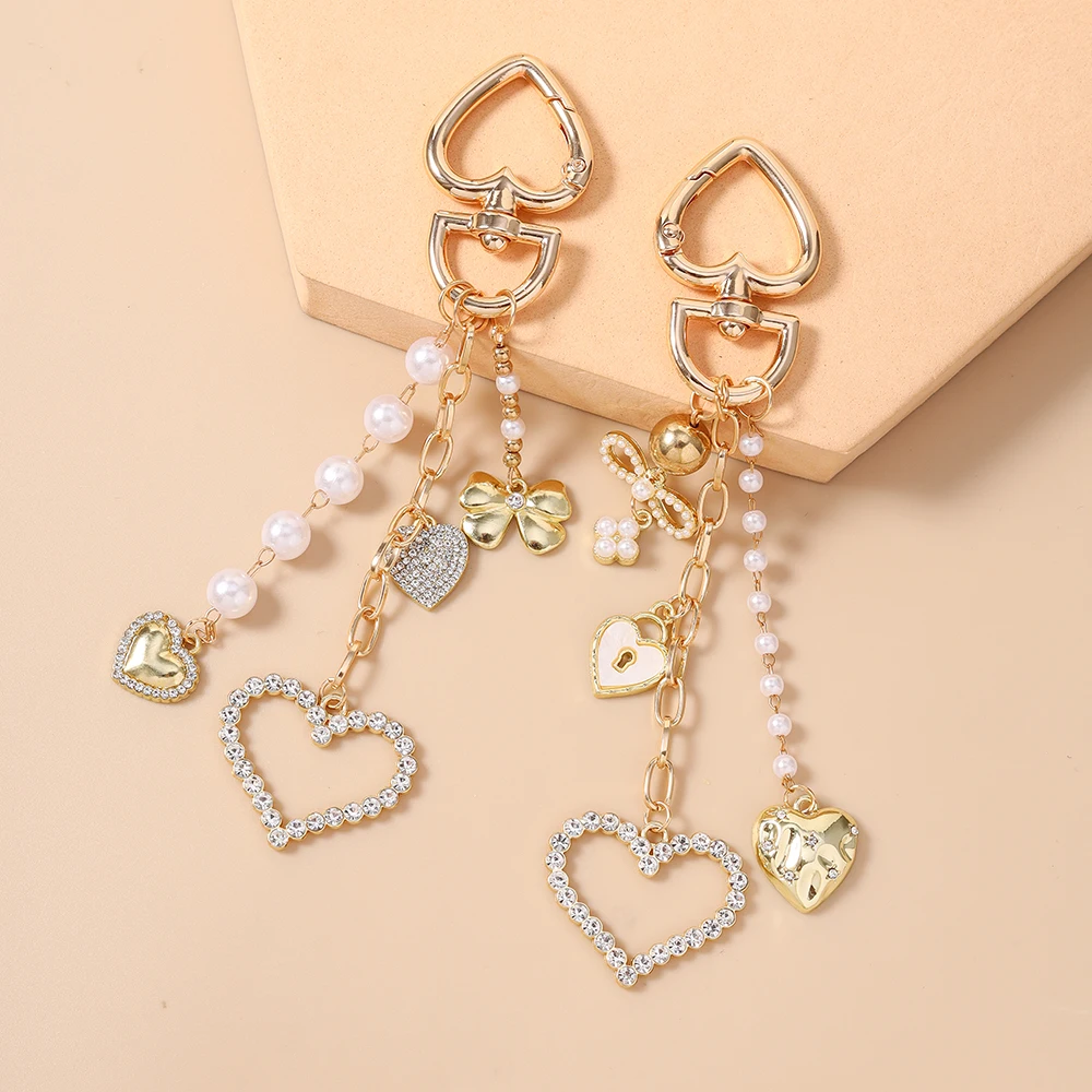 Aihua Goldfarbener Exquisiter Perlen-Kristall-Herz-Schlüsselanhänger, Niedliche Schlüsselanhänger für Frauen und Mädchen, Handtaschenanhänger, Schlüsselketten, DIY-Schmuck – Detail 7
