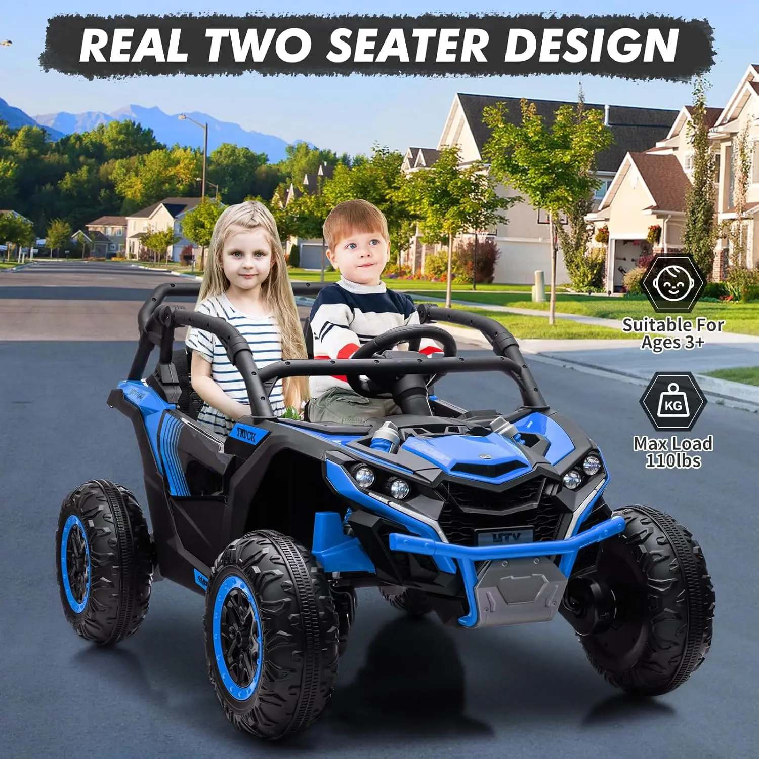 Coche para niños de 2 plazas de 24 V con camión eléctrico 4 direcciones con control remoto, UTV todoterreno de juguete con amortiguador de 4 ruedas,