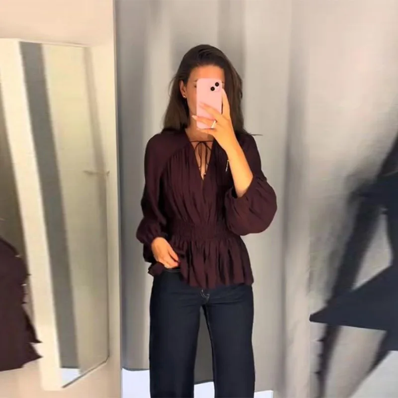 

Модная рубашка с v-образным вырезом и длинными рукавами, со складками, элегантный легкий осенний женский топ, новинка 2023 года, осенняя модная повседневная офисная женская одежда