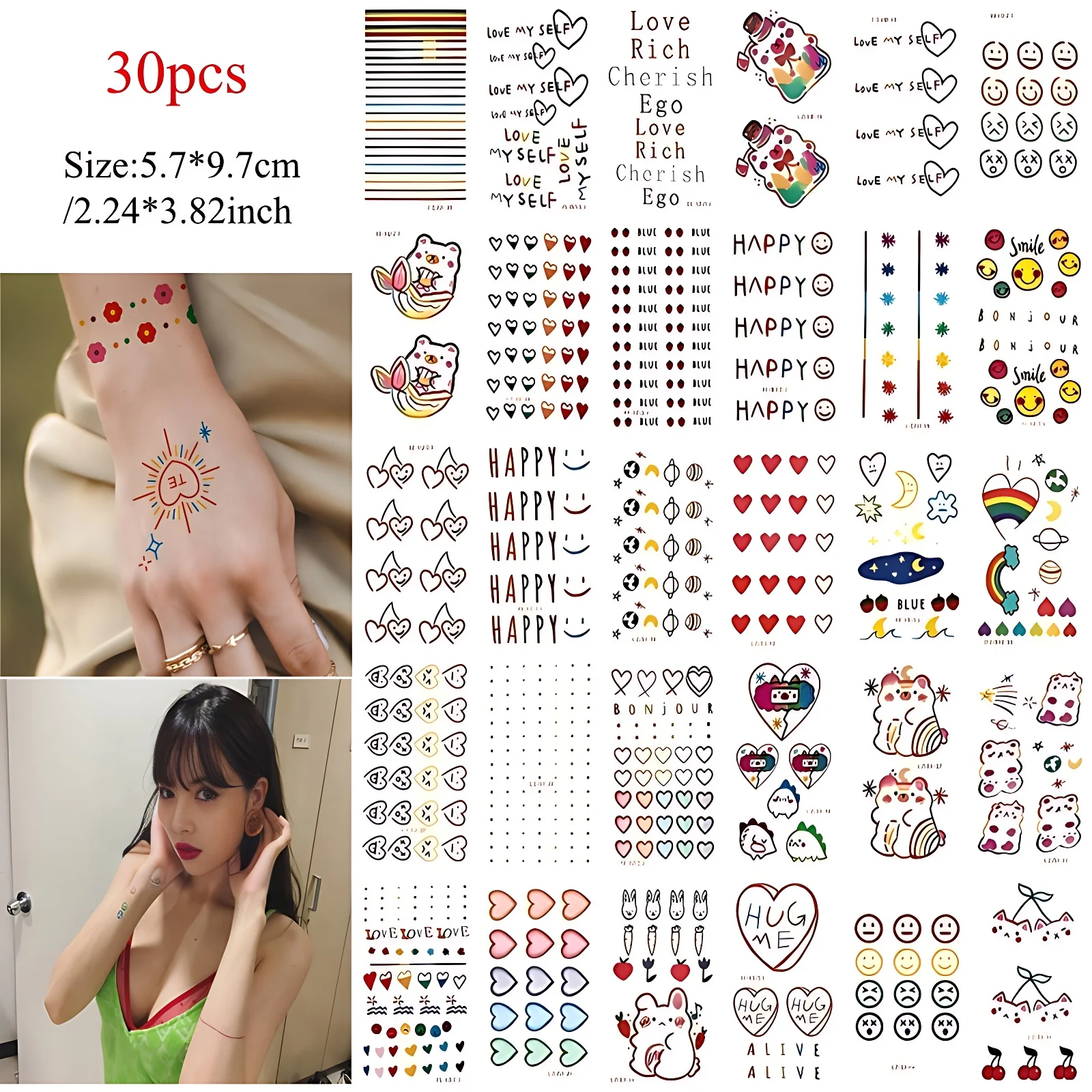 30pcs/set Child Kids Tattoo Waterproof for Leg Arm Chest Forearm Colorful Heart Rainbow English Letter Tattoo Adhesive Sticker