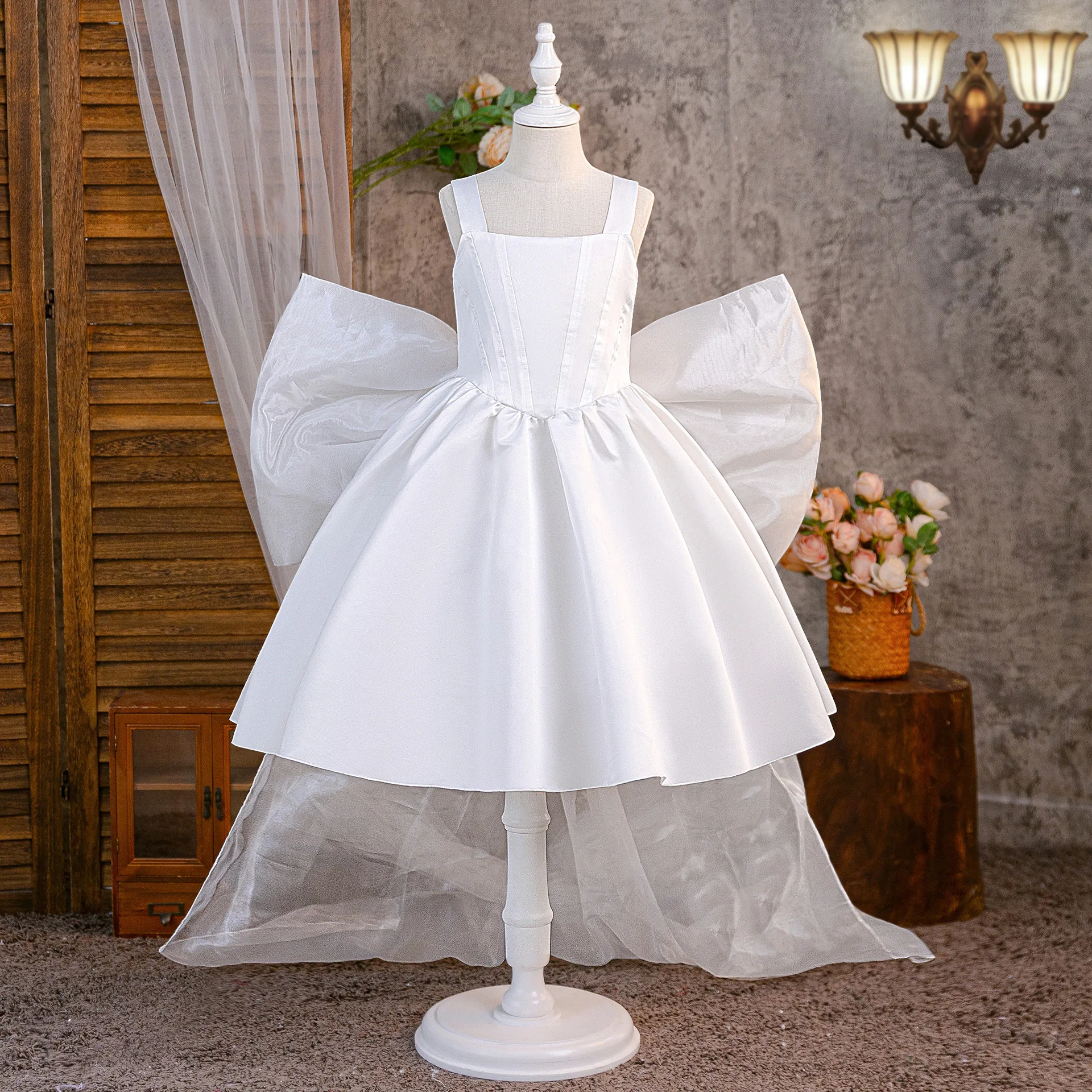 

New Baby Summer Girls Teenage White Back Big Bow Dress, Princess Kids Fashion Beading Dresses 8-12