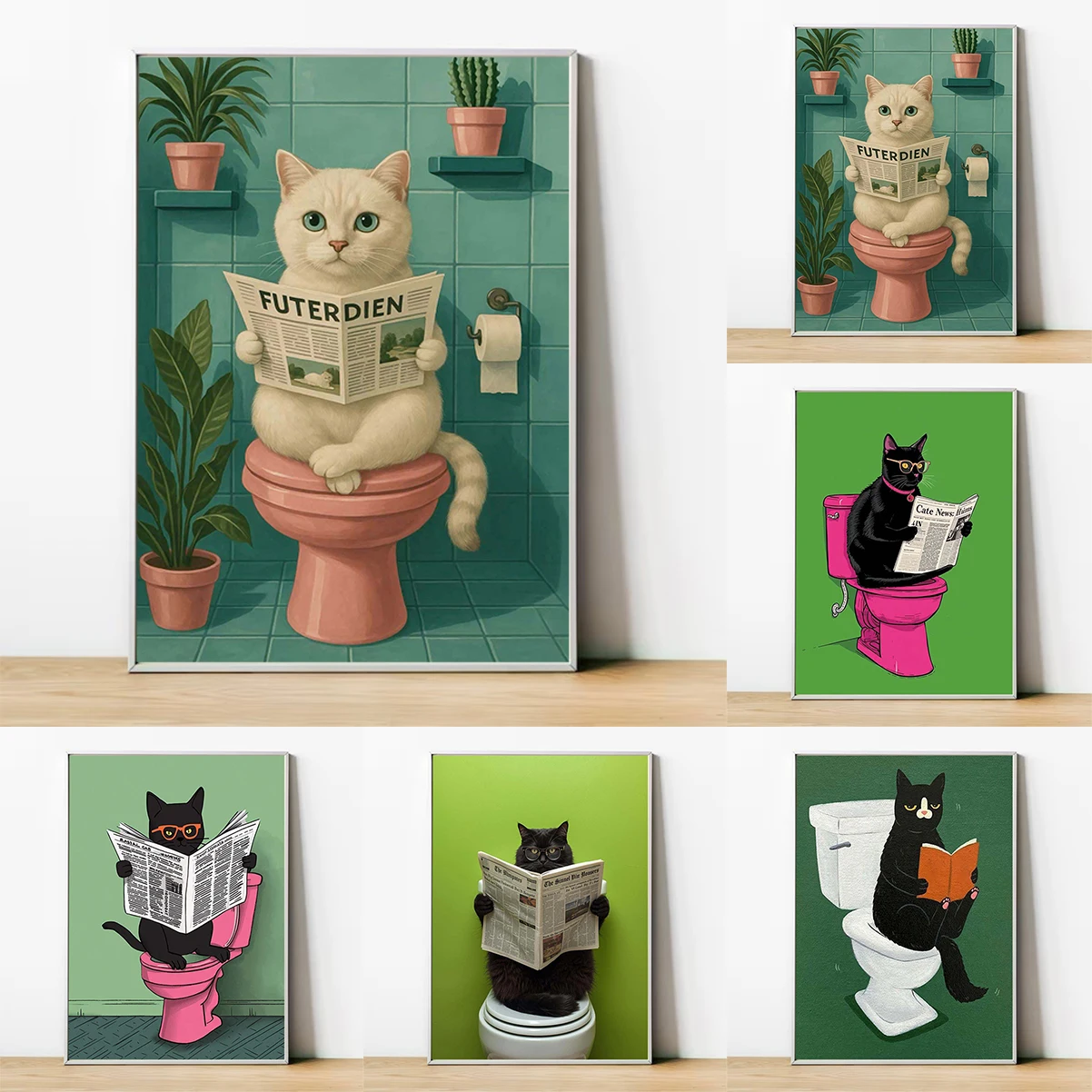 

Funny Bathroom Poster Cat Reading Newspaper Print Poster Decorative Picture Modern Living Room Paintings Home and Decoration