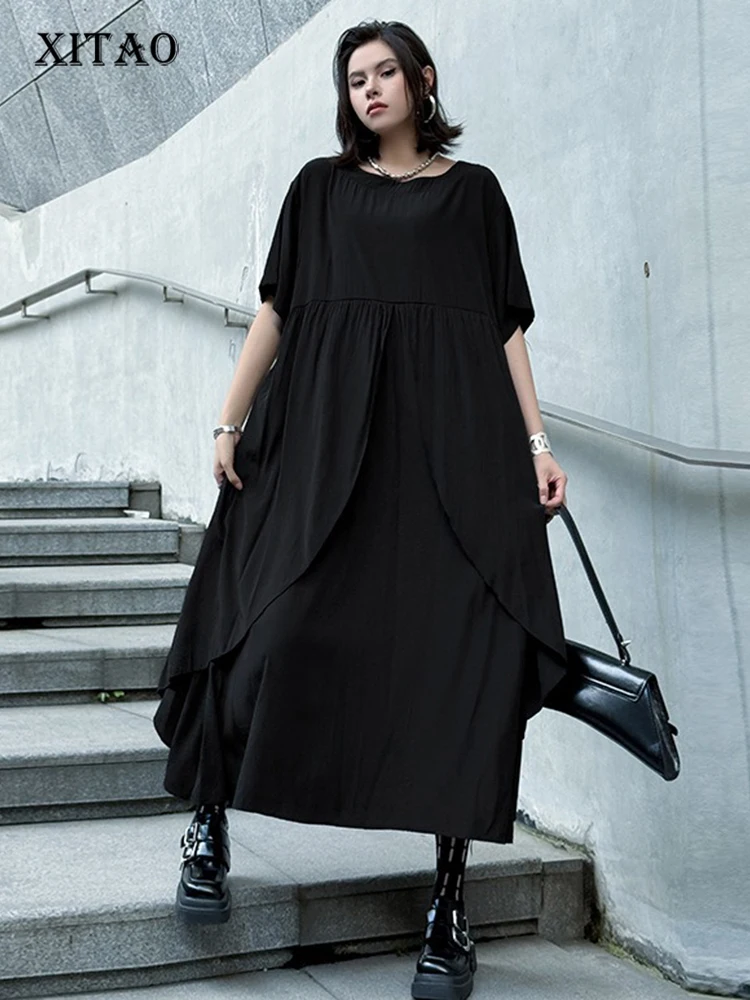 

XITAO Asymmetrical Solid Color Dress O-neck Short Sleeve Slimming New Arrival Pullover Loose Casual Summer Woman Dress ZMY1378