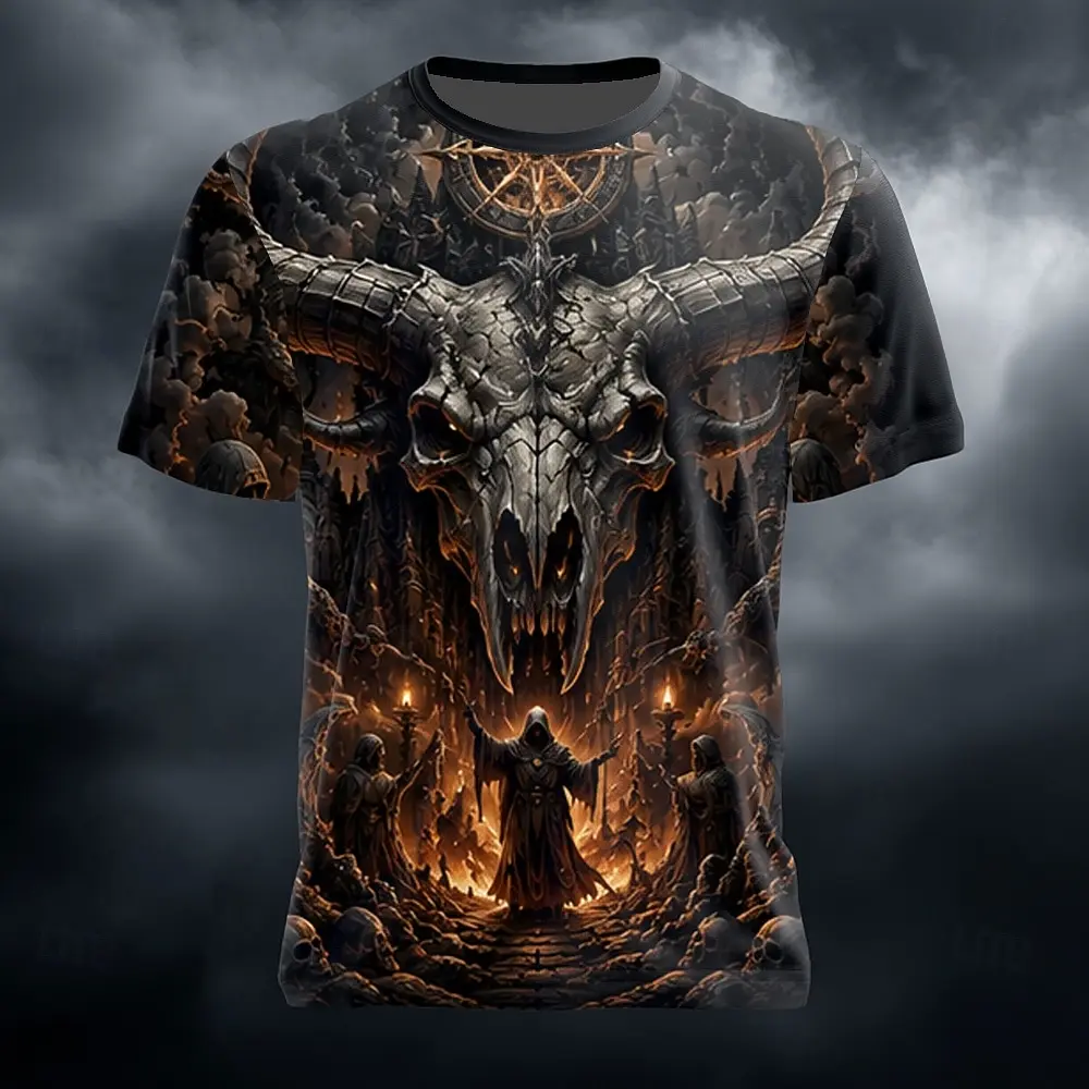 Men's Spring Summer 3D Printed Crew Neck T Shirt, Giant Ram Skull Castle Wizard Dark Magic Hell Style Graphic Top