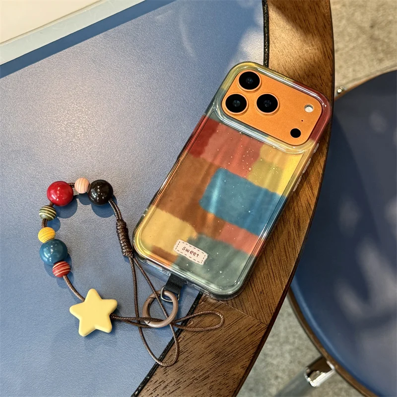 Funda de teléfono con bloques de colores artísticos para iPhone 17 Pro 15 16 14 Pro Max, Funda con cadena de cuentas, Fundas protectoras bonitas a prueba de golpes
