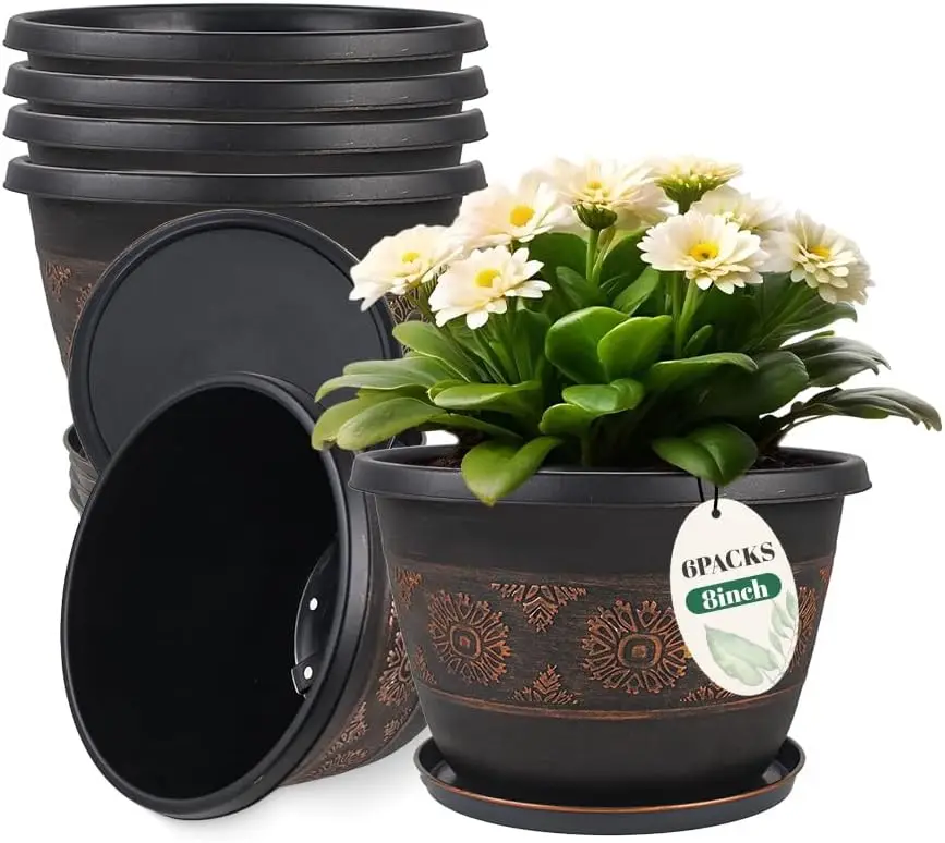 

6 Pack 8 inch Plant Pots, Retro Pattern Planters with Drainage Holes and Saucer, Sturdy Plastic Garden Flower Pots for I