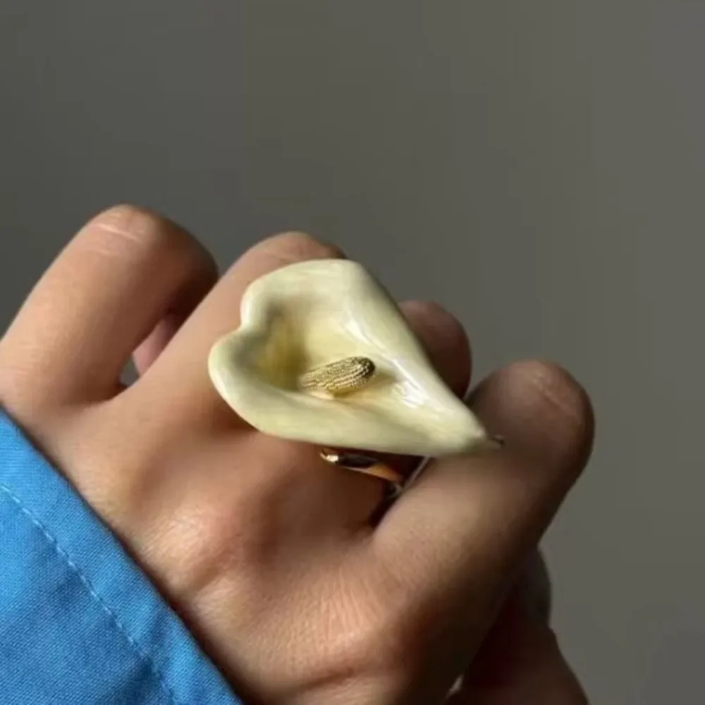 New Open Calla Flower Ring Adjustable Dripping Oil Enamel Open Calla Lily Ring Exaggerated Unique Finger Jewelry Women