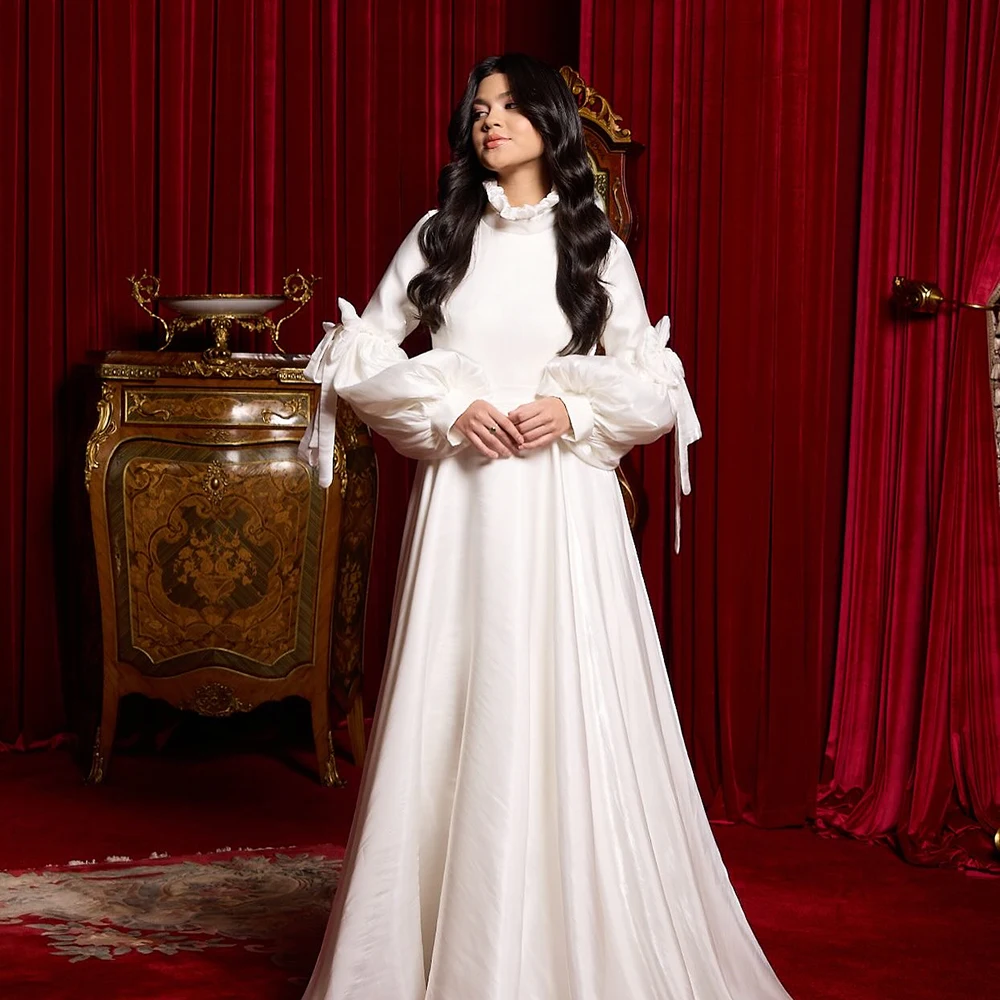 

Белое шифоновое вечернее платье трапециевидной формы с высоким воротом по индивидуальному заказу, вечернее платье с длинными рукавами и бантом, драпированное вечернее платье на шнуровке длиной до пола, платье для выпускного вечера