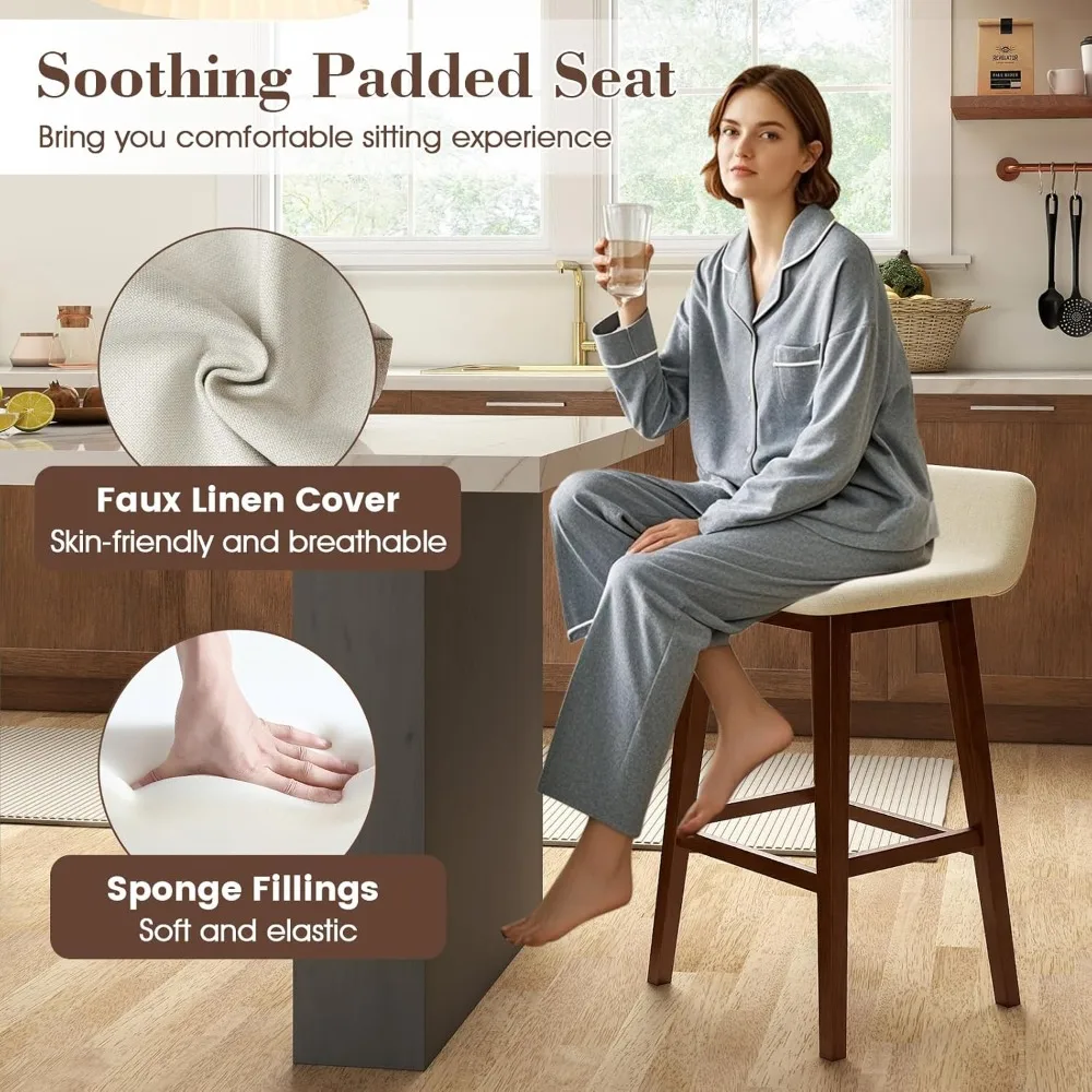 나무 바 스툴 4개 세트, 29인치 높이의 패딩 처리된 시트, 낮은 등받이, 발판, 고무나무 다리, 팔걸이 없는 바