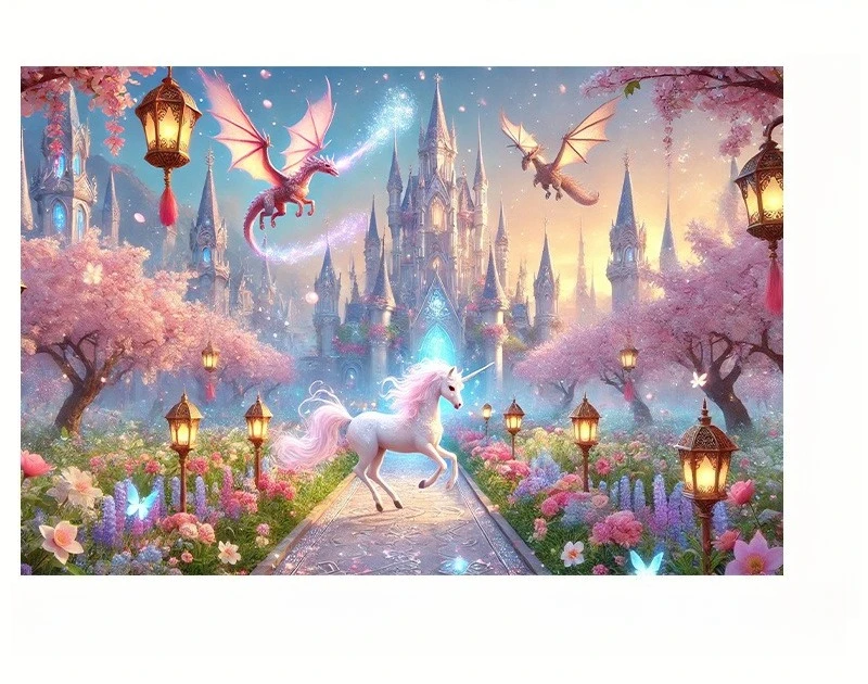 ديكور حائط من البوليستر النابض بالحياة على شكل قلعة وحيد القرن المسحور مع تنين وحيد القرن وأضواء خرافية. ديكور غرفة النوم