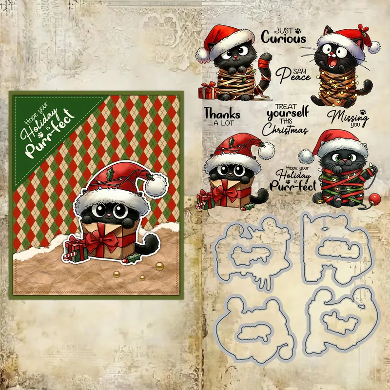 Suncraft Cute Christmas Black Cats Cutting Dies Clear Stamp DIY Scrapbooking Metal Dies Silicone Stamp For Cards Album Decor