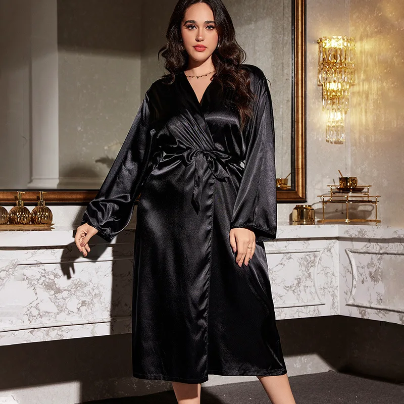 

XL-5XL Plus Size Women Kimono Robe Sexy Silky Satin Long Bathrobe Soft Nightgown Solid Elegant Sleepwear V-Neck Loungewear Pjs