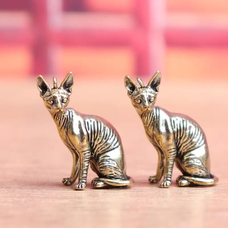 Solid Brass Hairless Cat Small Statue Desktop Ornaments Vintage Animal Figurines Model Lucky Home Decorations Crafts Accessories