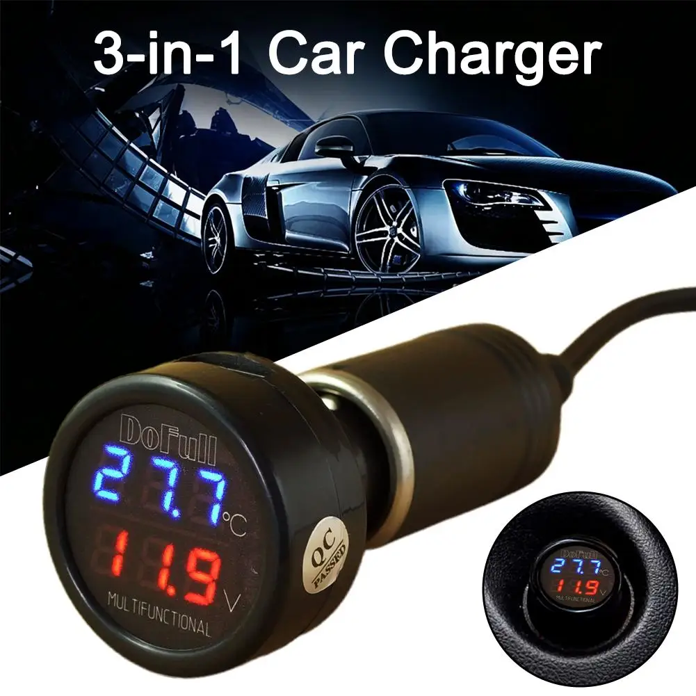 12V 24V Digital Car Voltmeter Thermometer Cigarette Lighter 3 In 1 Car Charger Battery Monitor Voltage Temperature