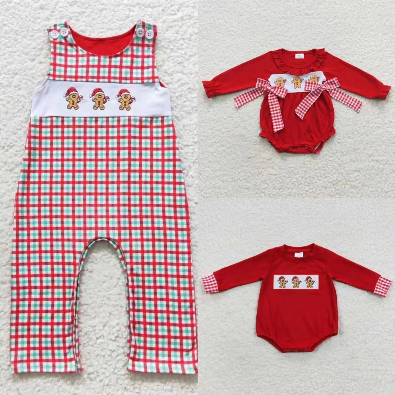 

Wholesale Kid Newborn Christmas Embroidery Gingerbread Matching Boy Girl Romper Toddler Infant Children Plaid Jumpsuit One Piece