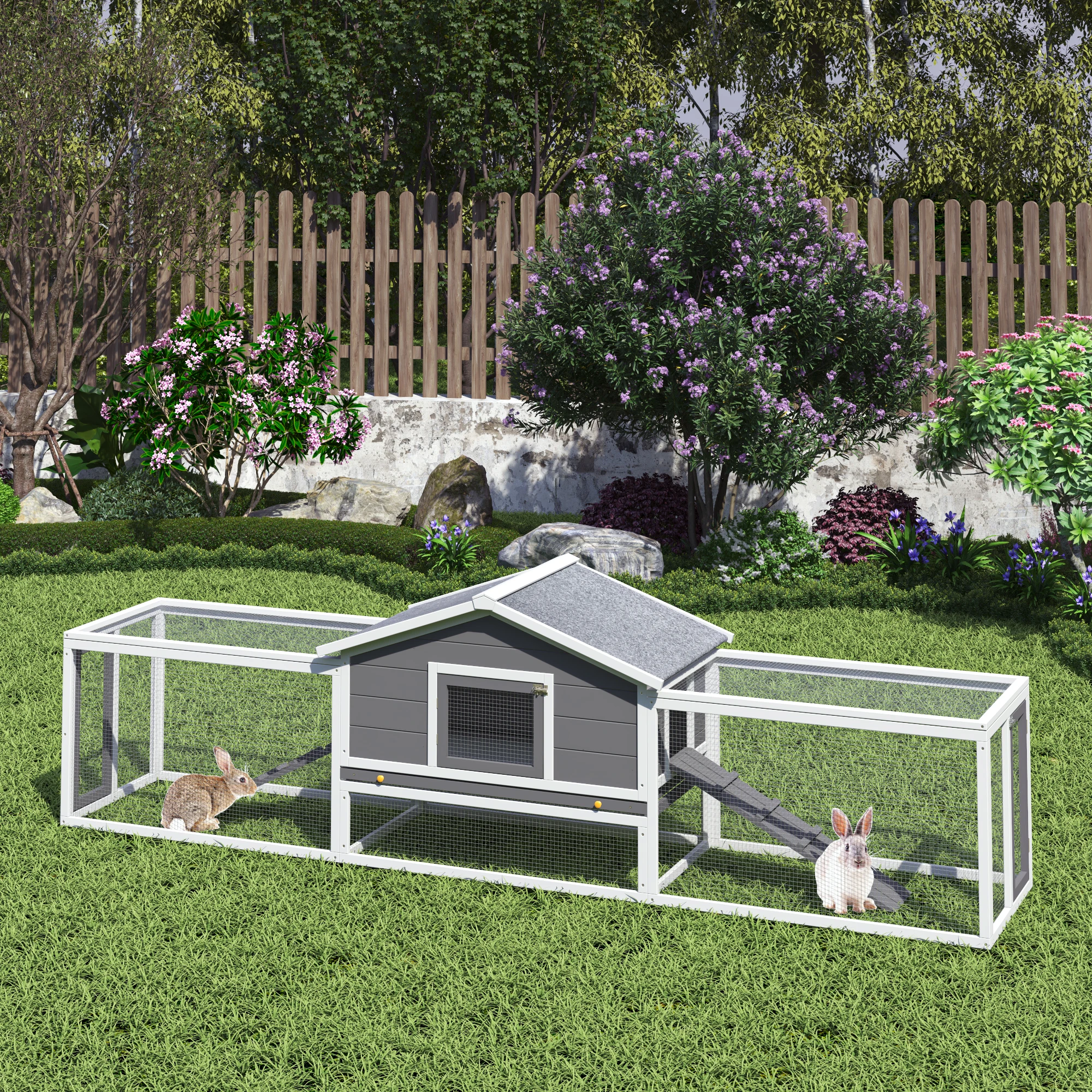 

2-Story Large Wooden Rabbit Hutch Pet House with Ramps, Lockable Doors, Run Area and Asphalt Roof for Outdoor Use