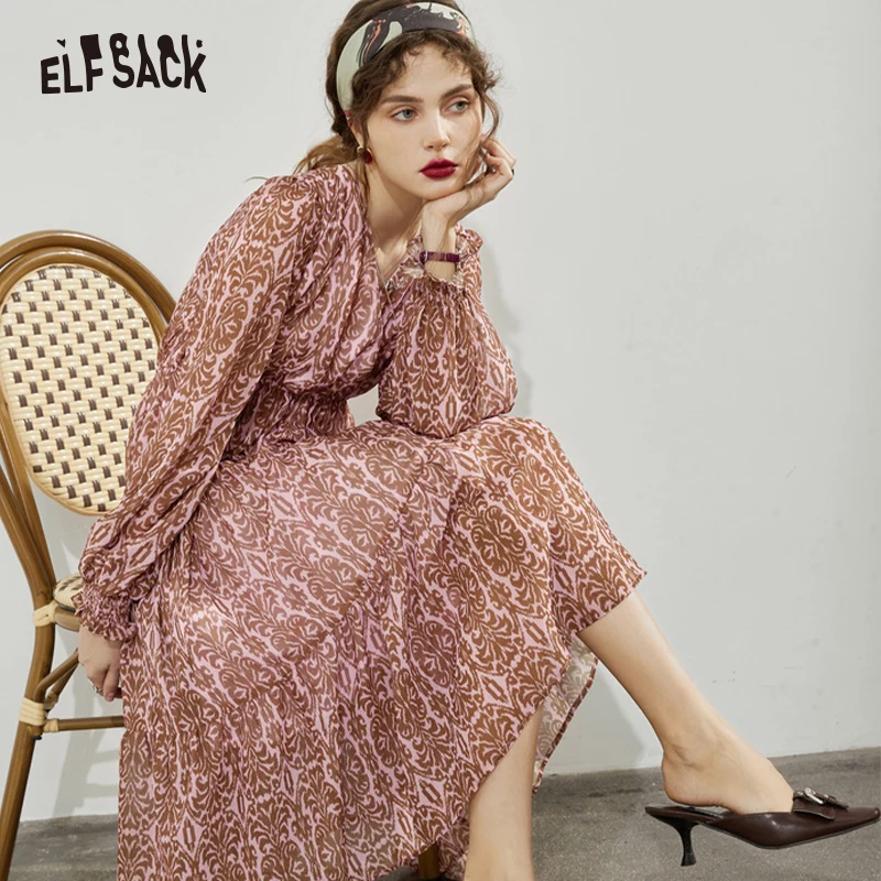 ELFSACK Vintage Chiffon Dresses Women 2023 Spring Waist Long Sleeve Daily Dress