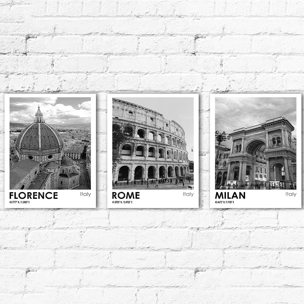 Florence Rome and Milan Italian City Travel Photos Black and White Art Set of 3