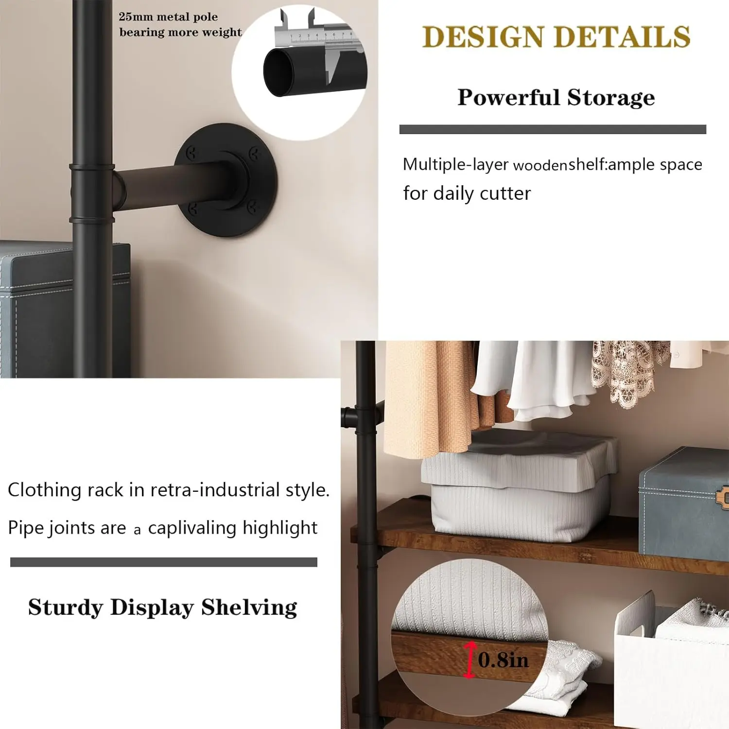 70.8 Inch Black Wall Mounted Industrial Pipe Garment Rack with Storage Shelves, Heavy Duty Multi-Purpose Wardrobe Clothes Hanging Closet Organizer view 4