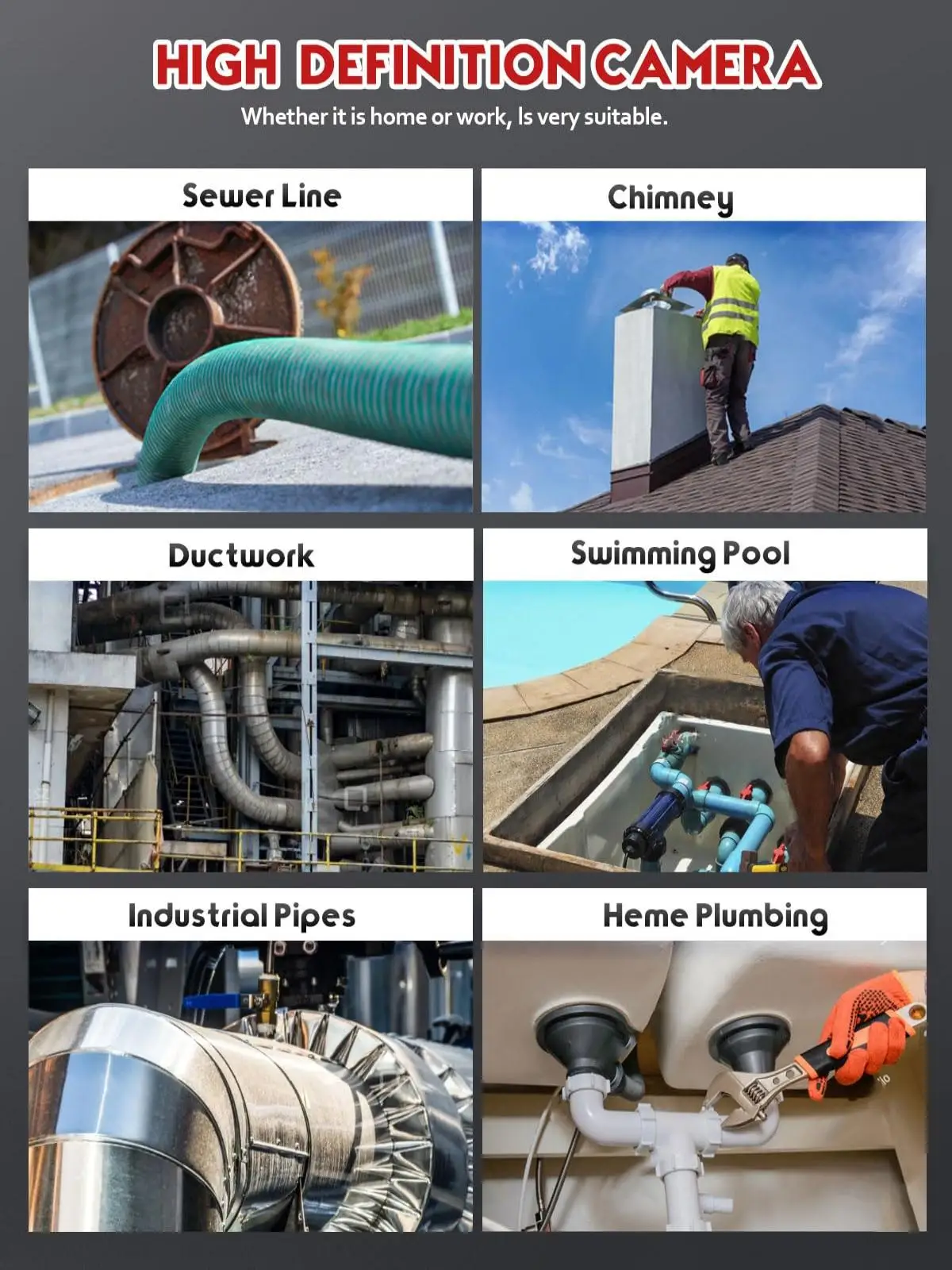 กล้องส่องกล้องท่อระบายน้ำกันน้ำความละเอียดสูง, กันน้ำระดับ IP68, การ์ด TF 16GB, ซูม 5 เท่า, บันทึก DVR แบบ AVI/JPG, แบตเตอรี่ 4500 มิลลิแอมป์