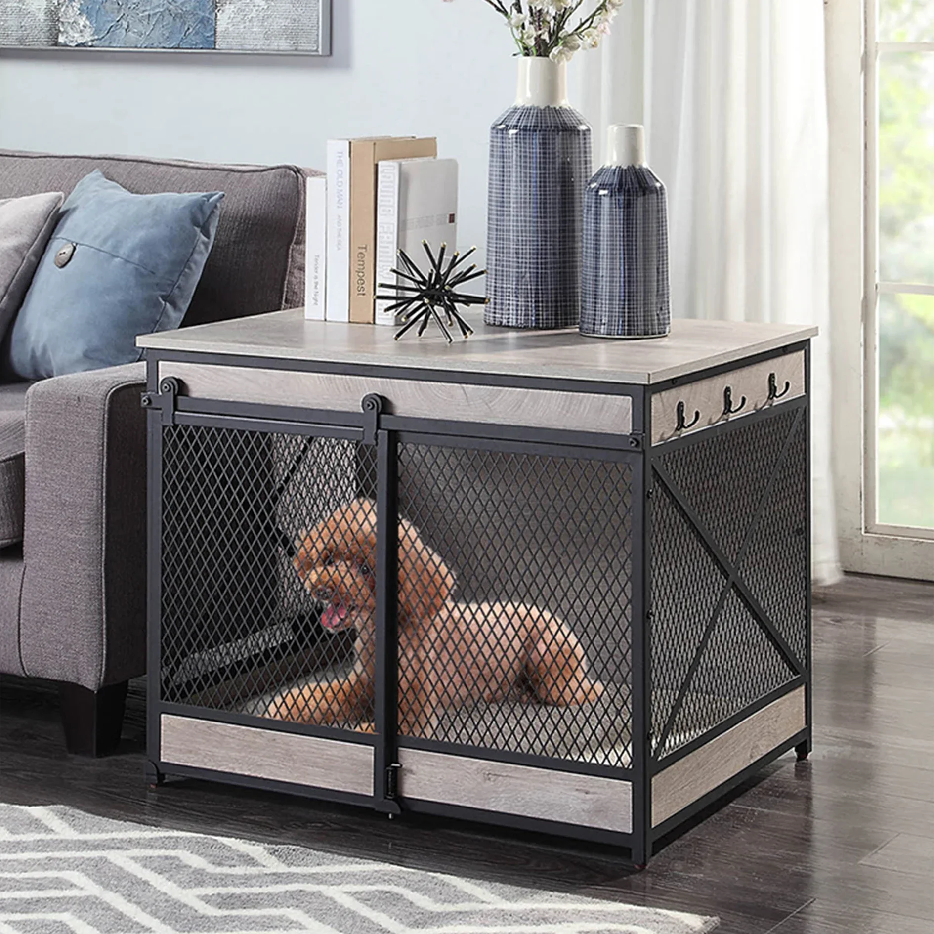 MOFESIPI Dog Crate Furniture Wooden Dog Cage Indoor Sliding door Pet Crate Table for Medium Large Dog House Cage Large