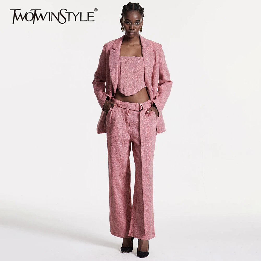 

TWOTWINSTYLE Комплекты из трех предметов для женщин с лацканами и длинными рукавами, блейзер со шнуровкой, жилет с квадратным вырезом, комплект брюк с высокой талией, женский новый