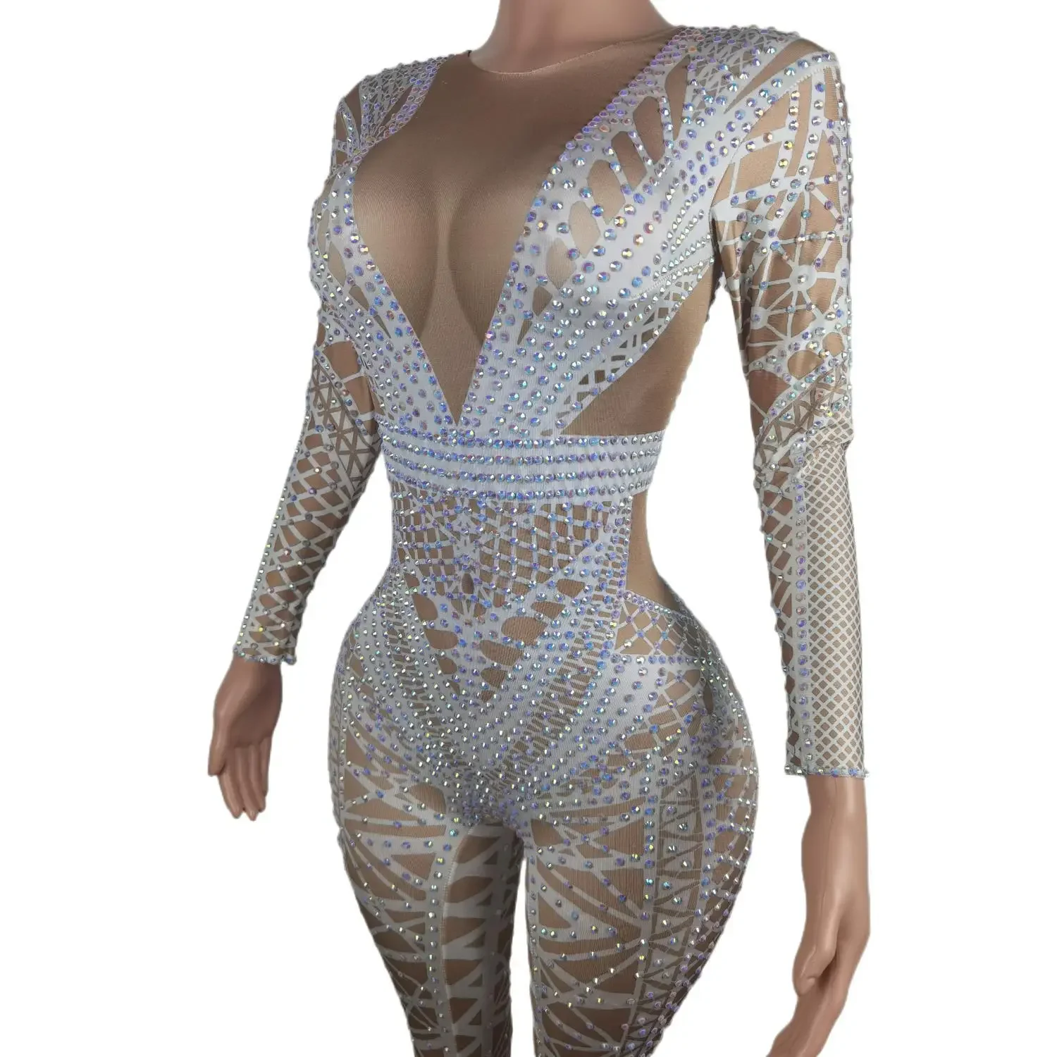 Sexy White Glitter Jumpsuit Women Rhinestone Costume Fashion Lady One Piece Nightclub Party Wear Dance Singer Stage Show Outfit