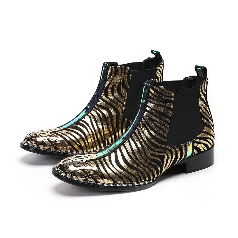 

Fashion Men Ankle Boots Gold Zebra pattern Luxury Men's Leather Boots Round Toe Party Wedding Dress Boots Chaussure Homme