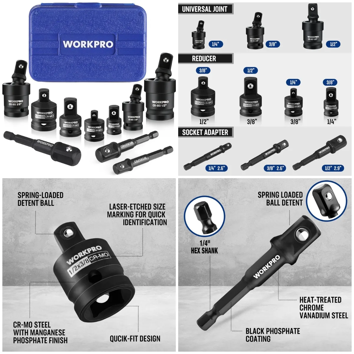 

10-Piece Impact Socket Adapter Set with Case, 1/4', 3/8', 1/2'