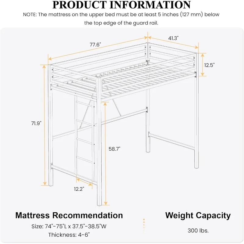 Junior Loft Bed Twin Size, Heavy Duty Twin Bed Frame with Full-Length Guardrail & Removable Stairs, Noise-Free, Space-Saving