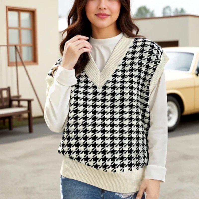 

2025 Autumn Elegant Grid pattern Loose Knitted Vest V-Neck Sleeveless Thick Sweater Casual Female Waistcoat Chic Tops 17502