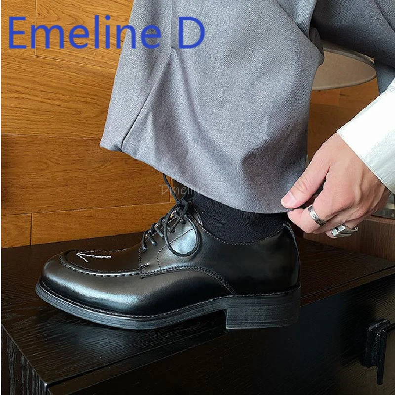 

Casual Derby Shoes Men's Embroidered Arrow Design Retro Round Head Strap Black Casual Commuter Comfortable Flat Leather Shoes