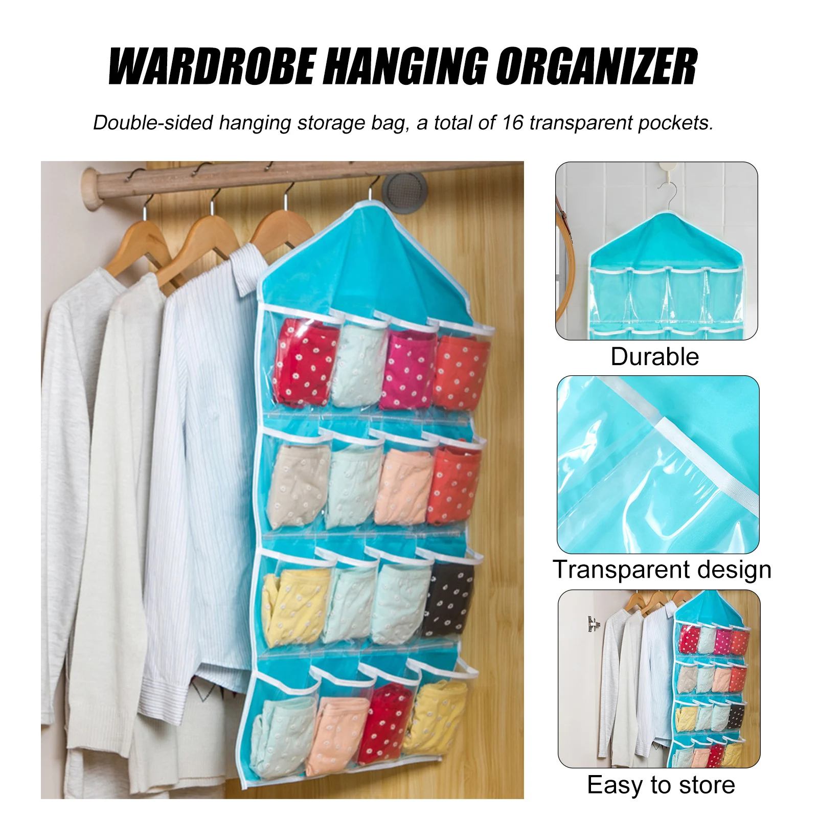 Hot 16Pockets WardrobePockets Clear Hanging Bag Socks Bra Underwear Stationery Rack Hanger Storage Saving Space Tidy Organizer