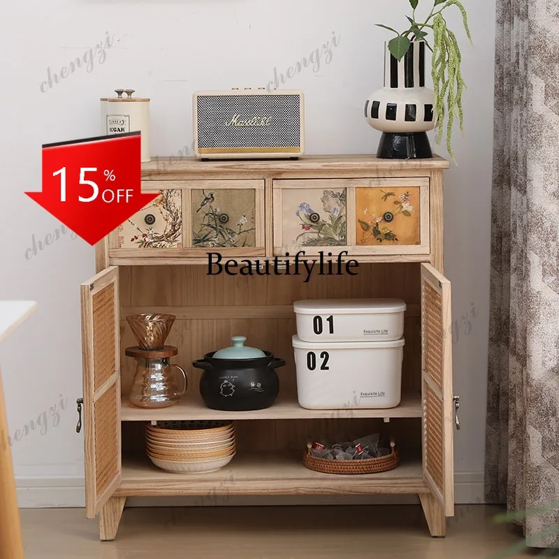 D80 Medieval solid wood dining side cabinet Household rattan entrance cabinet Living room storage locker against the wall