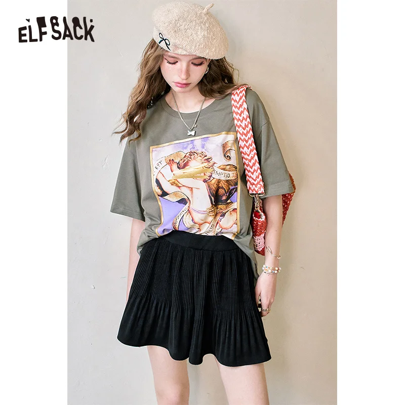 ELFSACK 2024 Summer New White loose printed angel pattern gold frame versatile short-sleeved T-shirt for women