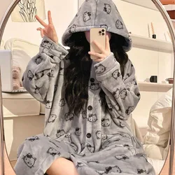 Anime Sanrios Robes Kawaii Hello Kittys Women Autumn Winter Flannel Hooded Pajamas Warm Cartoon Home Clothes Oversize Night-Robe