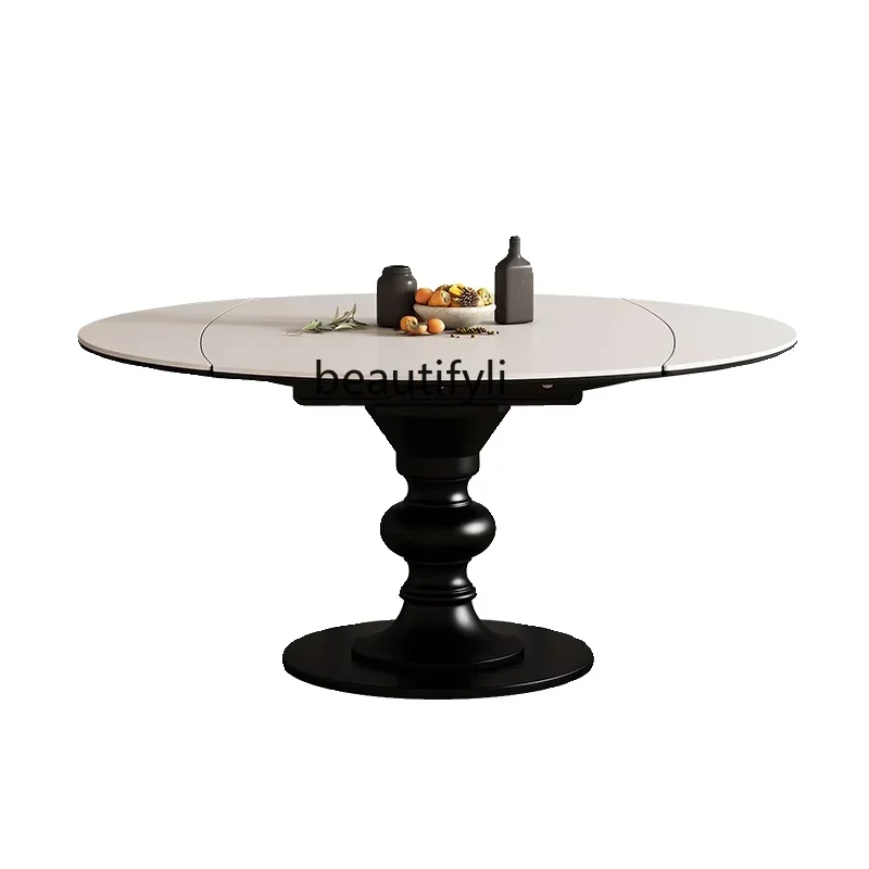 Medieval retractable round dining table retro high-end small apartment French style,stretched solid wood rock slab dining table