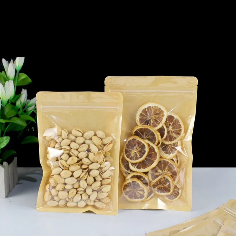 Braune Einseitig Transparente Wiederverschließbare Plastik-Fenster-Kraftpapier-Flachbodenbeutel mit Reißverschluss für Snacks und Lebensmittelaufbewahrung – Detail 2