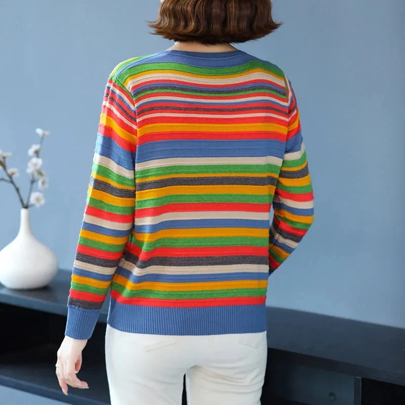 Striped Sweater Ladies Spring Autumn 2024 New Middle-aged and Elderly Mothers With Loose Pullover Knitted Bottoming Shirt Women