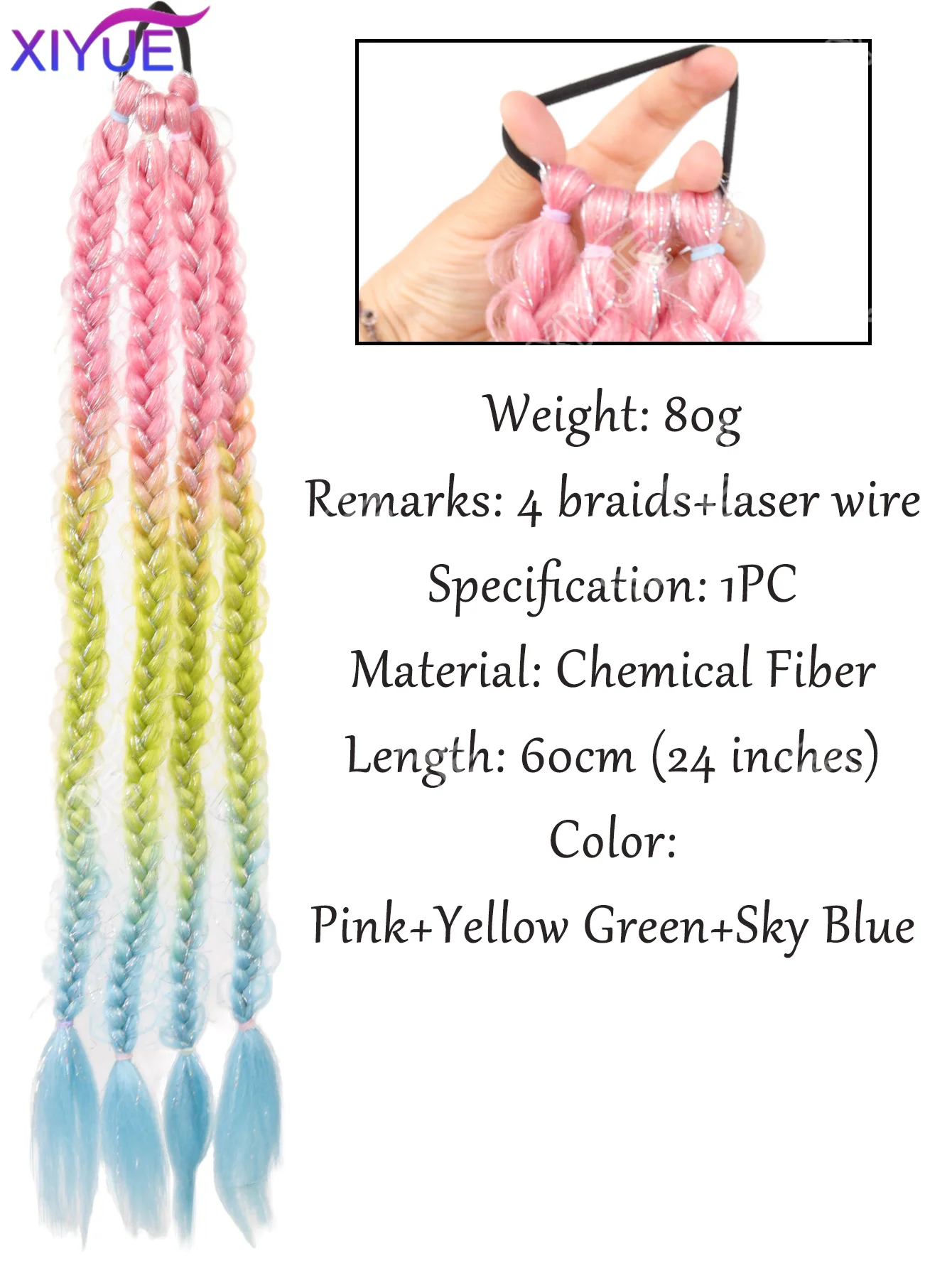 XIYUE 1PCS Synthetic Braided Ponytail Exytensions 24inch Pink Green Blue Braid Long Braided with Elastic Rubber Band for Women