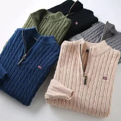 Kış erkekler kaşmir Blend kazak büküm üst fermuar yüksek yaka gömlek lüks örgü kazak kalın Homme Hiver kazaklar Tops